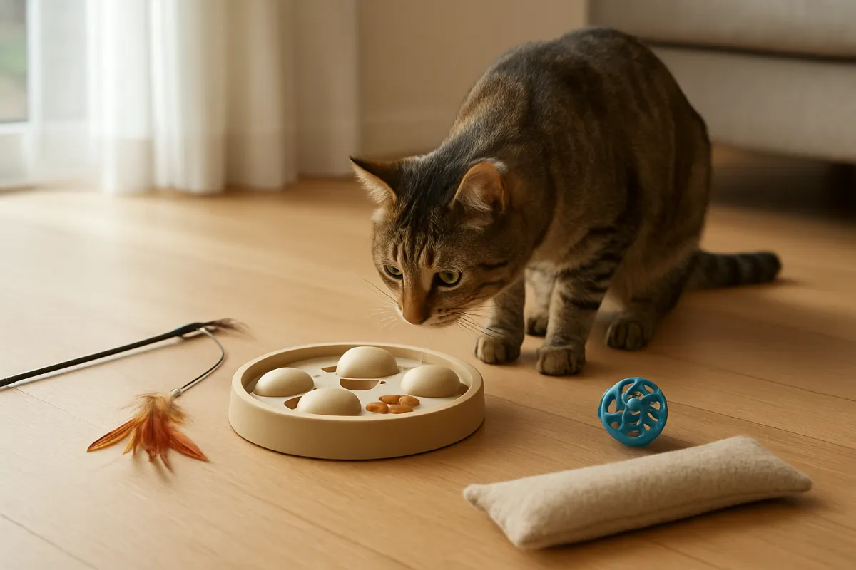 Indoor cat choosing between different interactive enrichment toys
