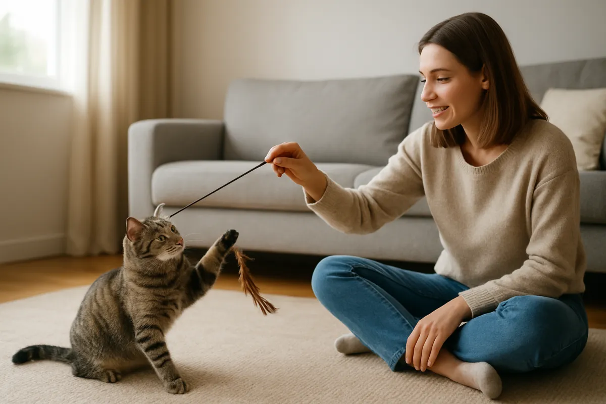 Cat owner safely supervising interactive play