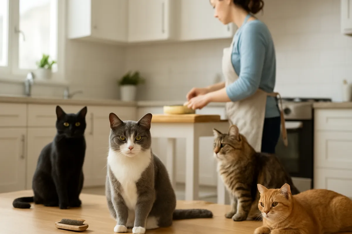 A busy cat owner caring for a relaxed short-haired cat at home