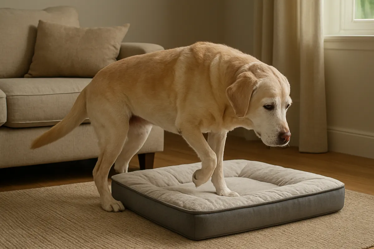 Senior dog stepping onto a low-entry orthopedic bed