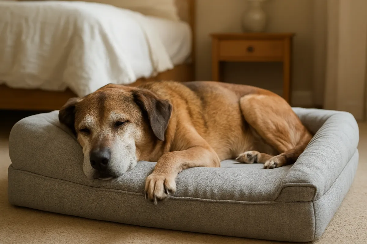 Senior dog resting on a supportive bolstered dog bed