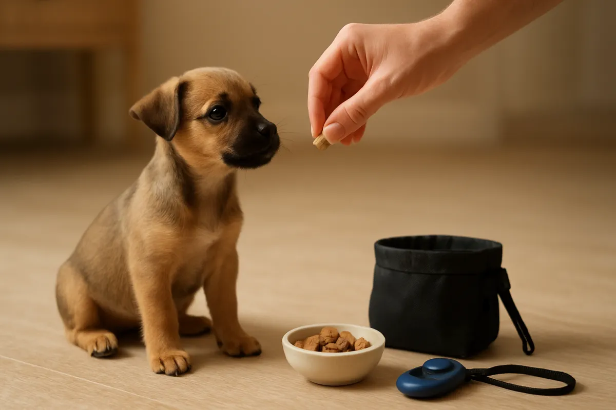 Small-breed puppy training treats measured beside a treat pouch and clicker