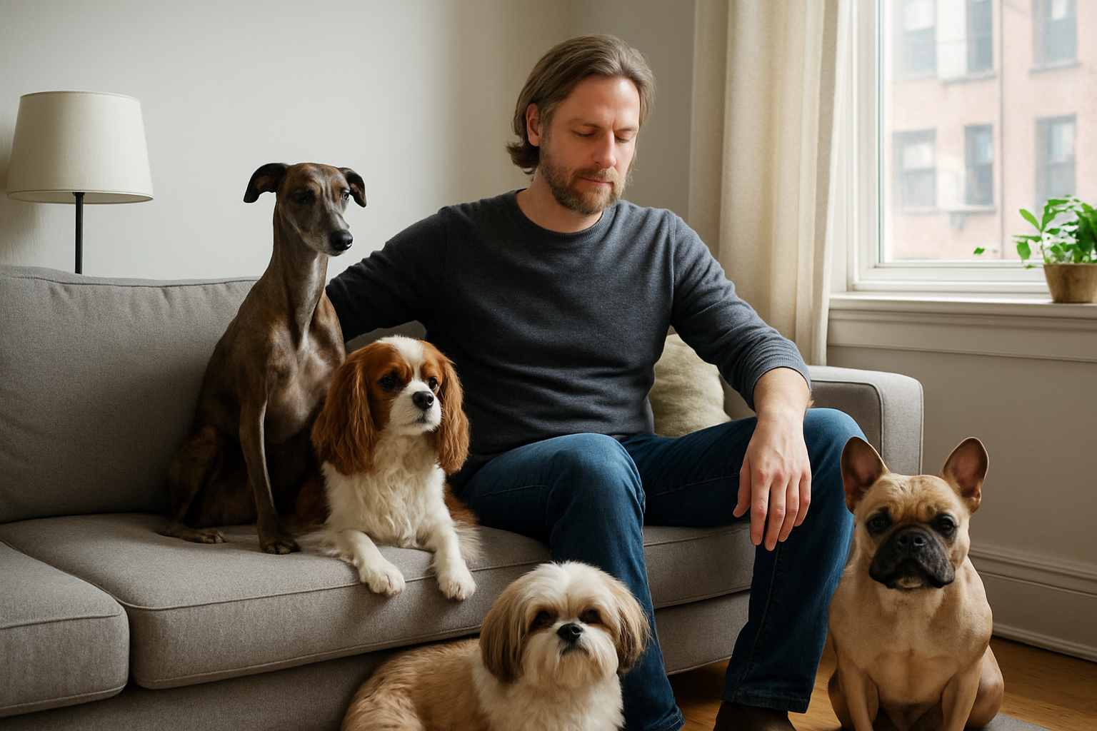 Calm apartment-friendly dog breeds resting in an urban apartment