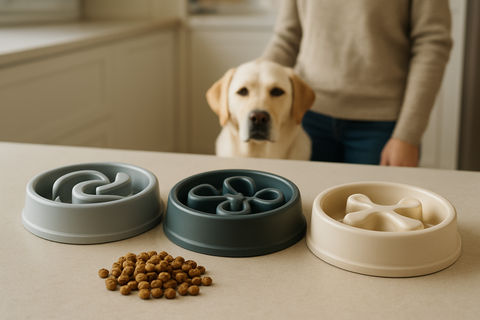 Different slow feeder bowl designs beside measured dog food