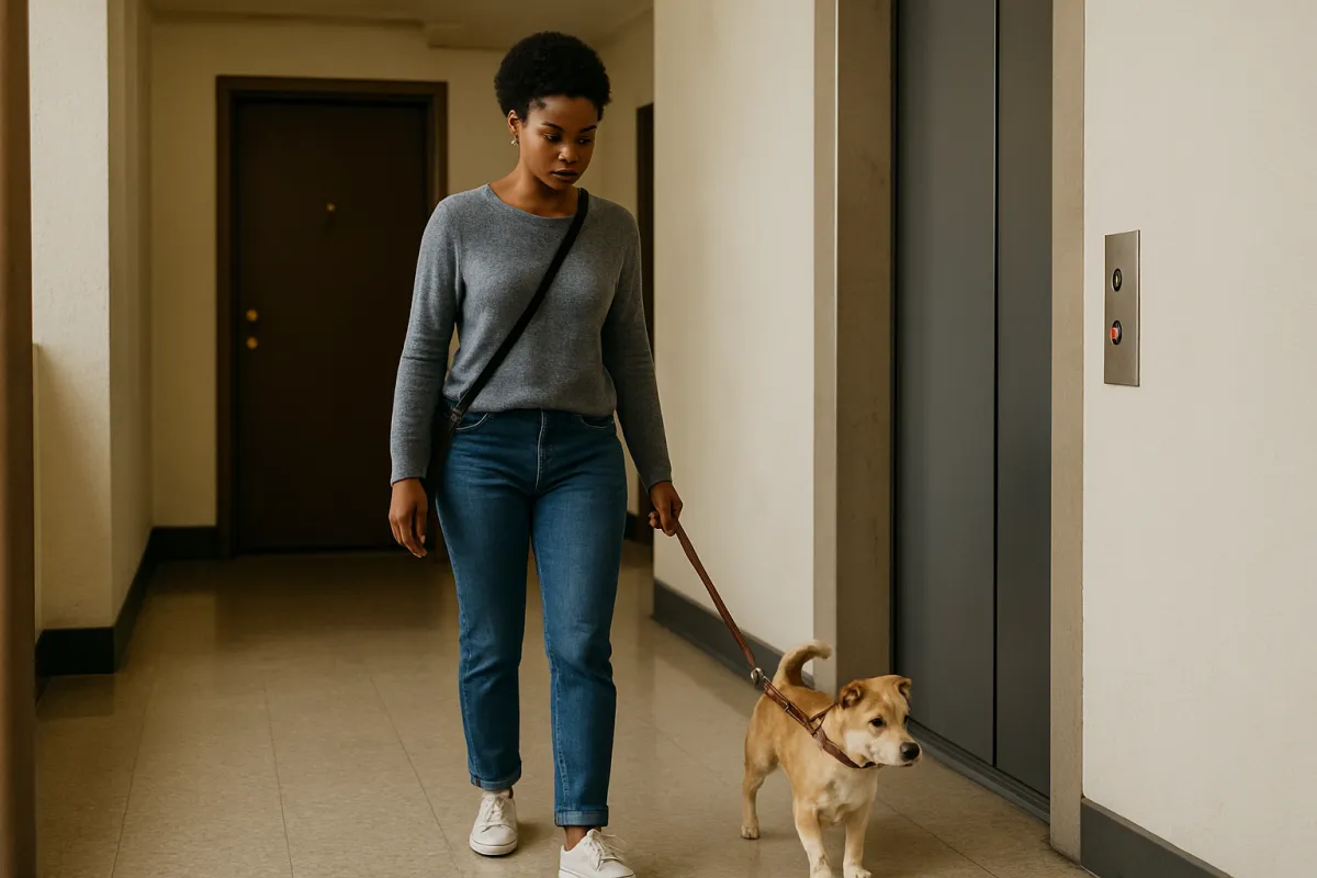 A small dog being walked through an apartment hallway