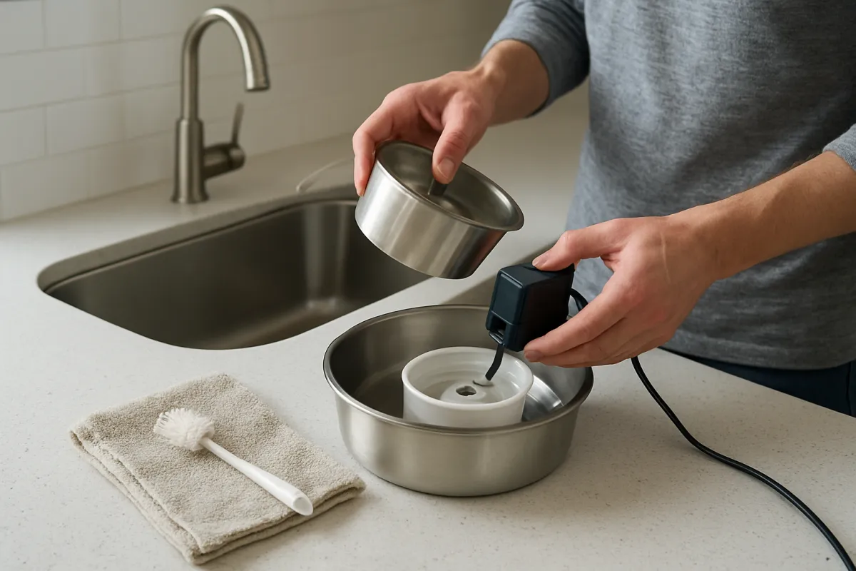 Person cleaning the removable parts of a stainless steel cat water fountain