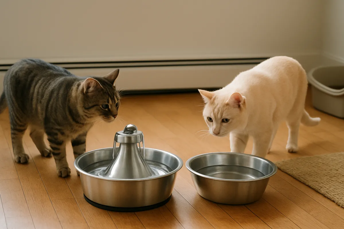 Cats using a stainless steel fountain and a separate water bowl