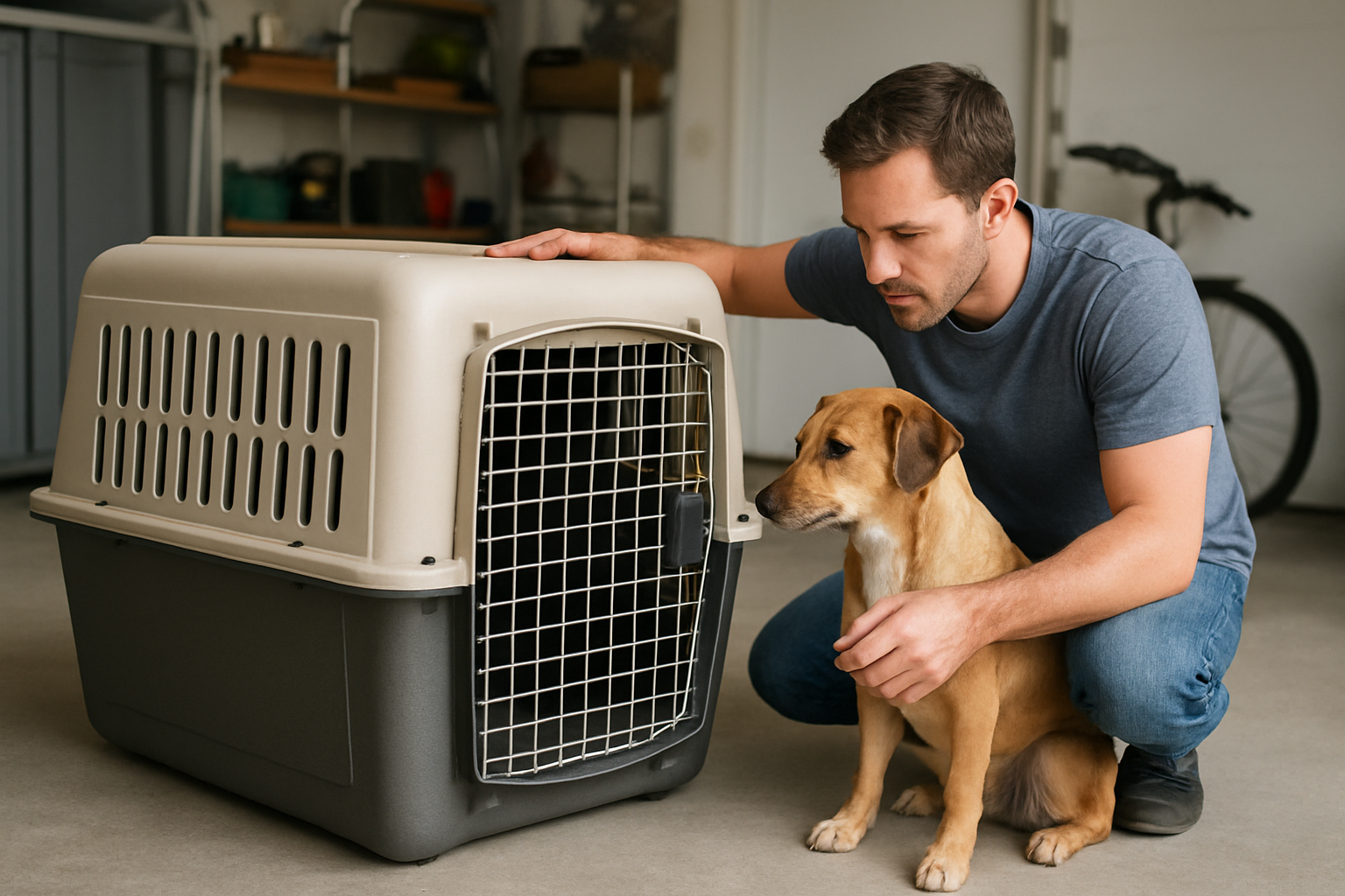 A dog owner checking the construction and ventilation of a large travel carrier