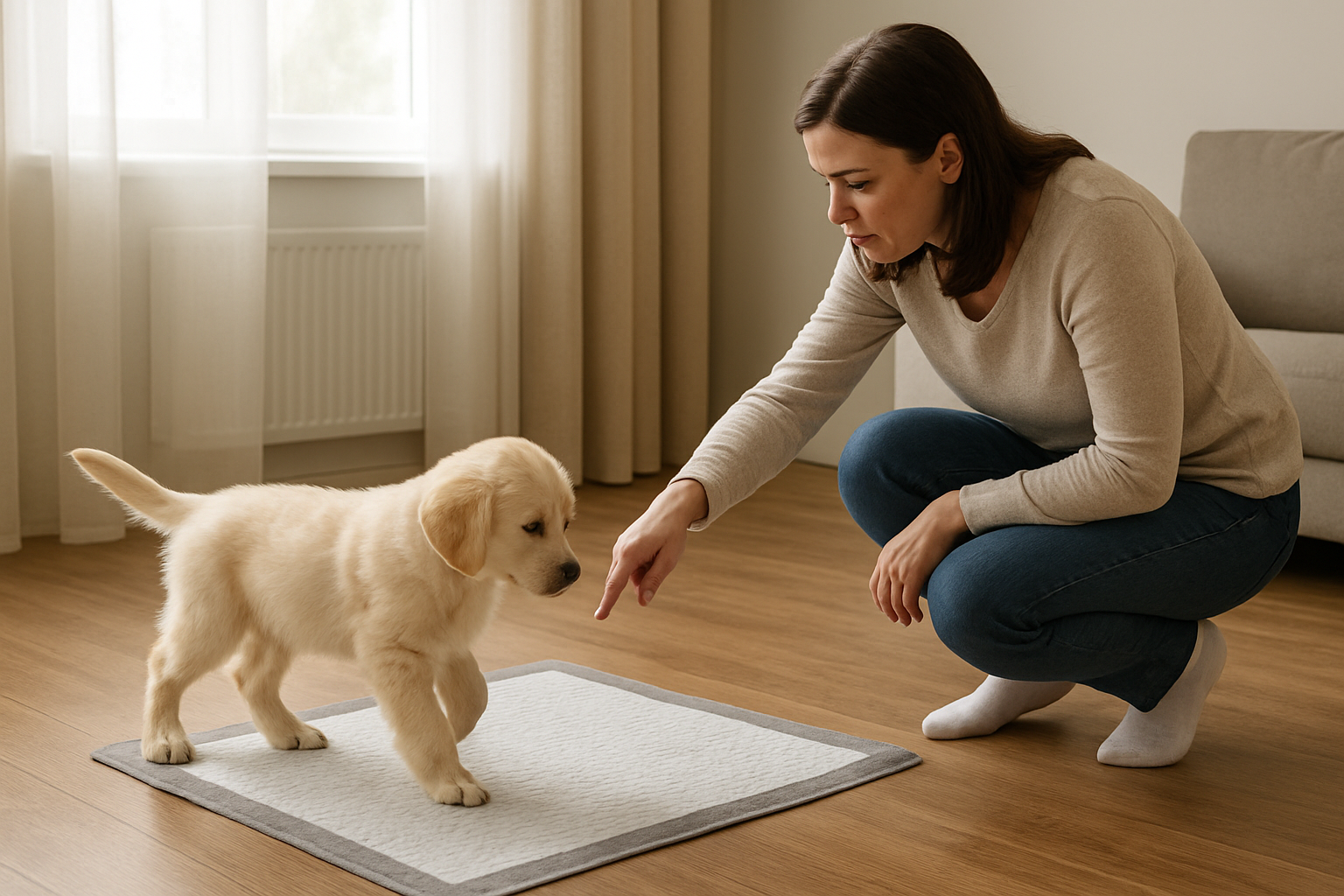Dog owner guiding a puppy toward a washable indoor pee pad