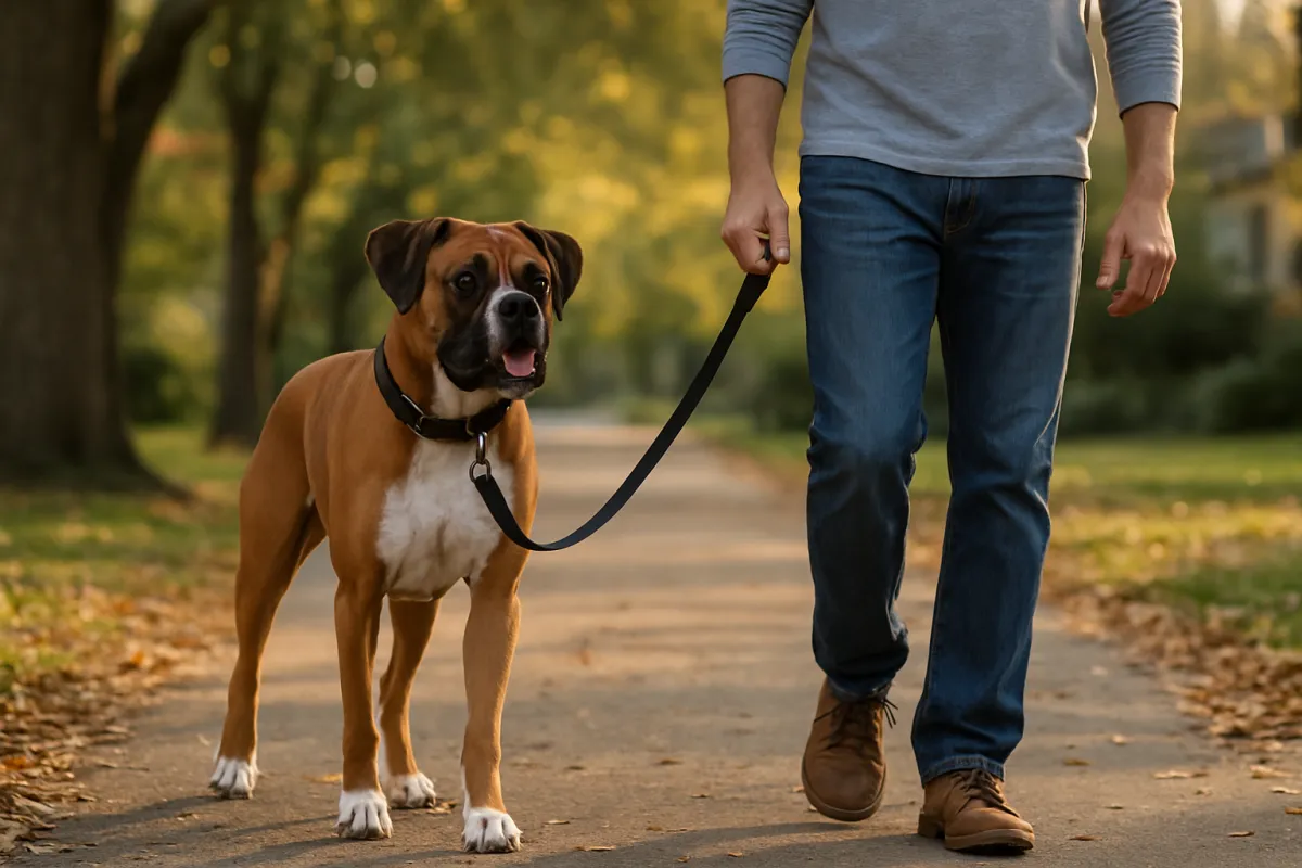 An owner walking an energetic Boxer on a neighborhood trail