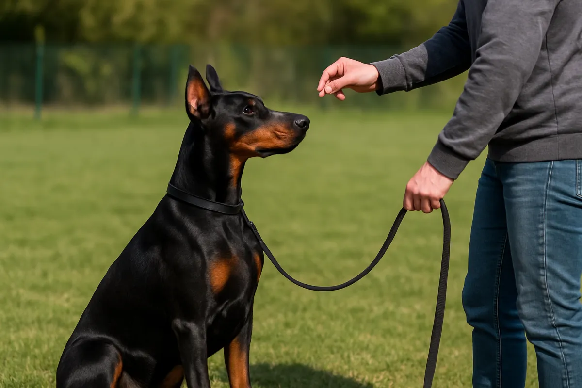 A Doberman Pinscher practicing focused training with its handler