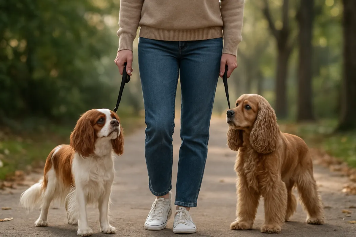 Cavalier King Charles Spaniel and Cocker Spaniel walking together outdoors