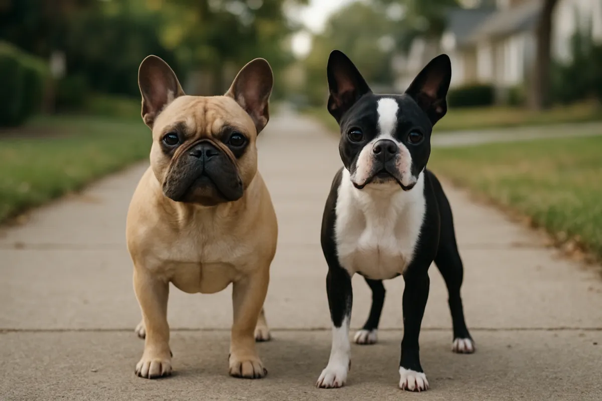 French Bulldog and Boston Terrier compared side by side outdoors