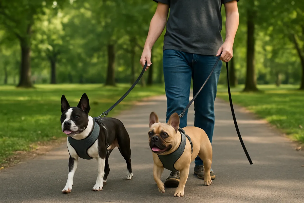 French Bulldog and Boston Terrier enjoying a controlled walk in a shaded park