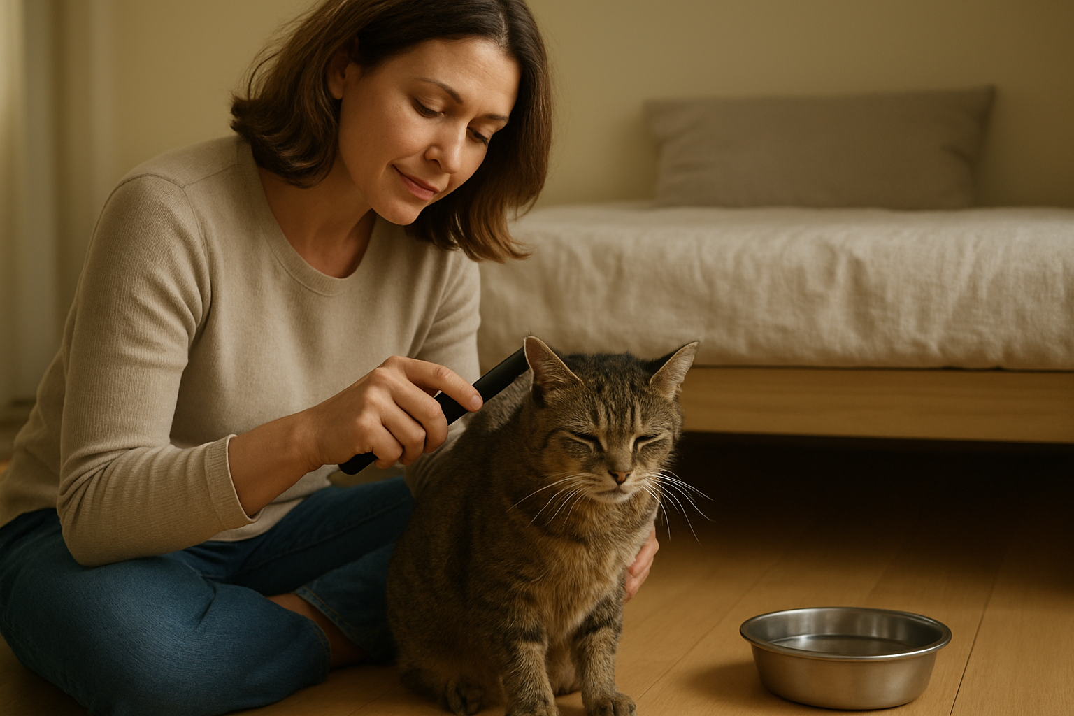 Pet owner gently brushing a senior cat during a calm daily care routine