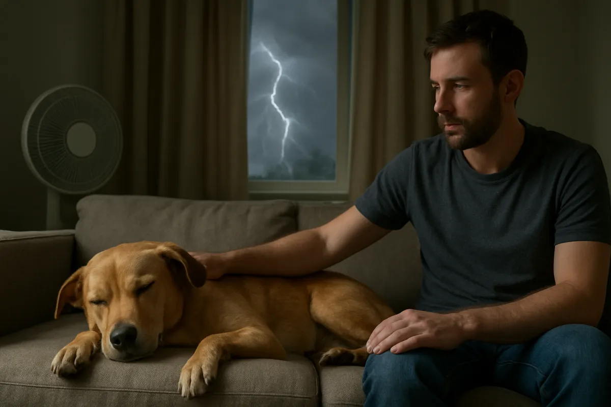 Owner calmly supporting a dog during a thunderstorm