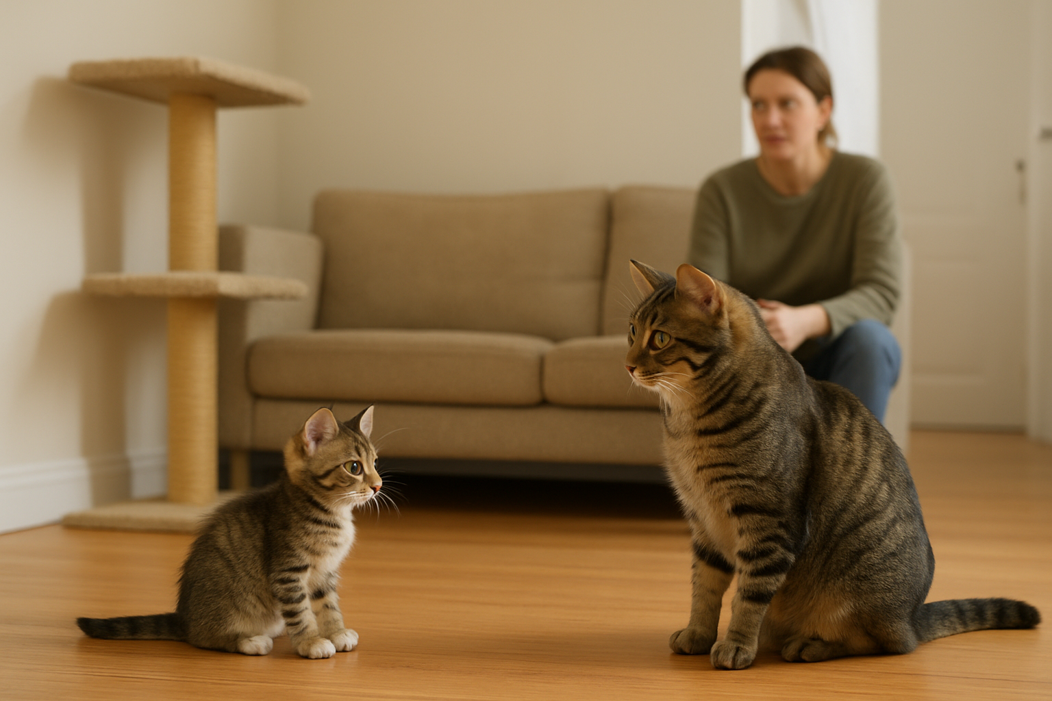 A kitten and an adult cat meeting calmly during a supervised introduction
