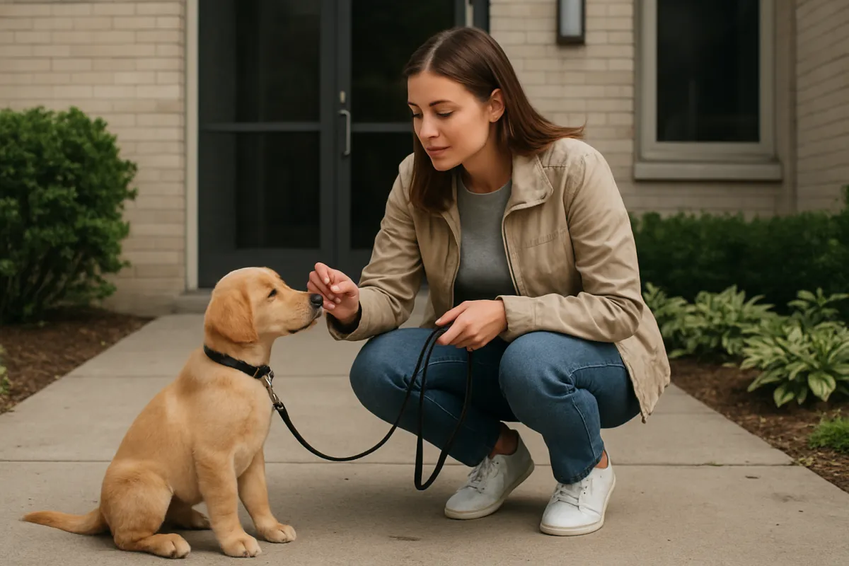 Owner rewarding a puppy after a successful apartment potty break