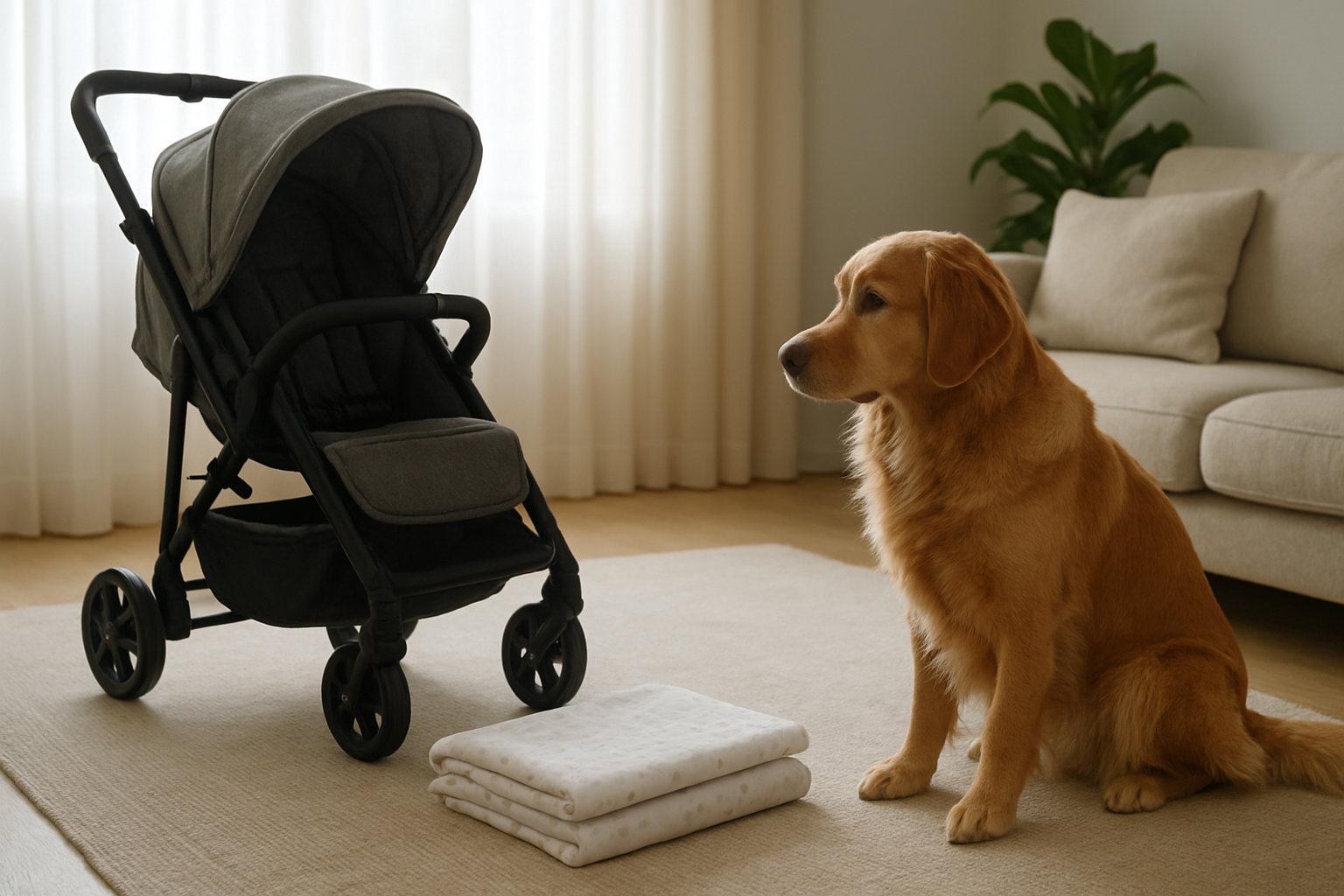 A calm dog being introduced to baby equipment before a newborn arrives