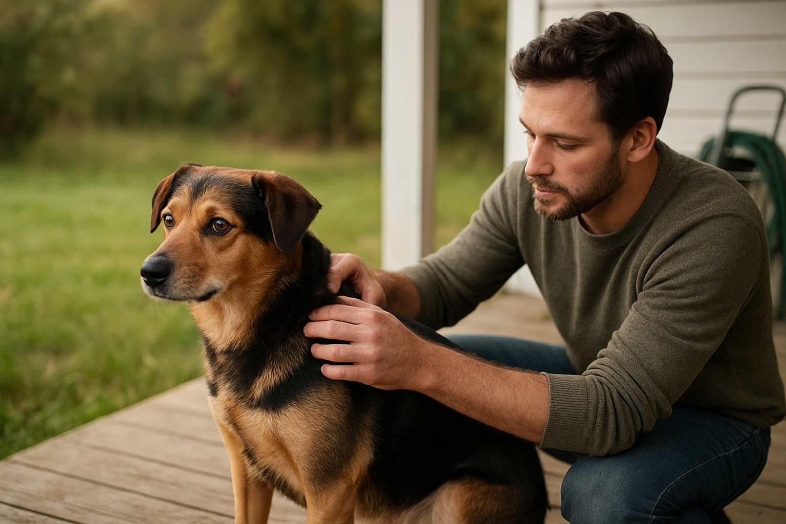 Owner checking a dog’s coat for ticks after an outdoor walk
