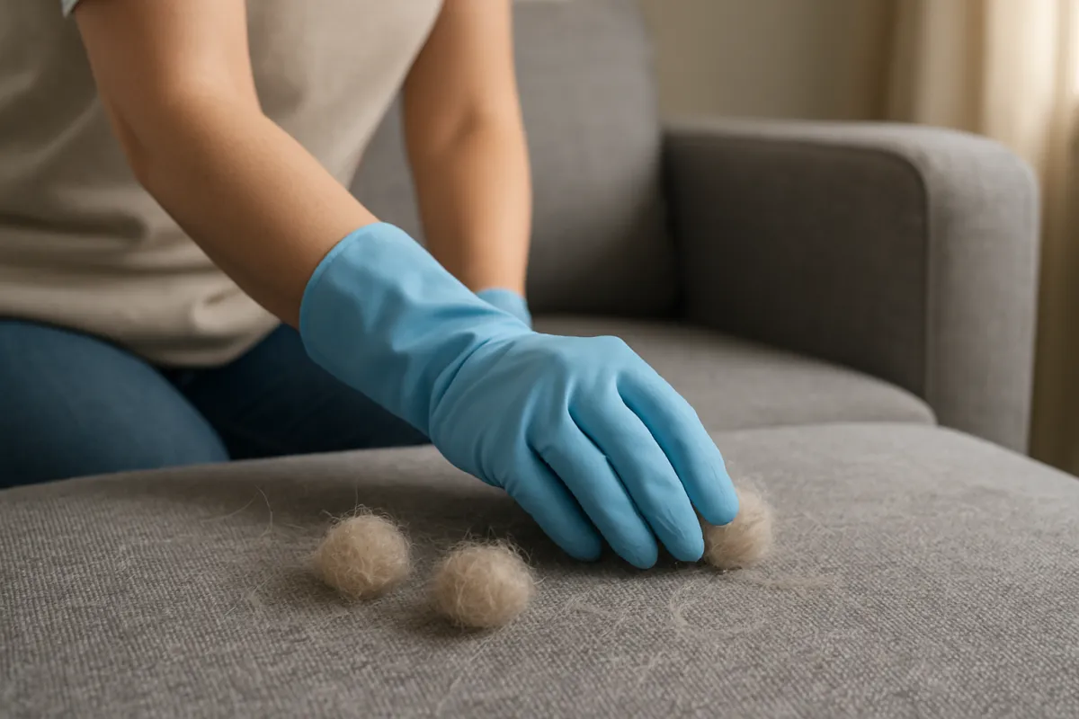 A rubber glove gathering pet hair from a fabric sofa