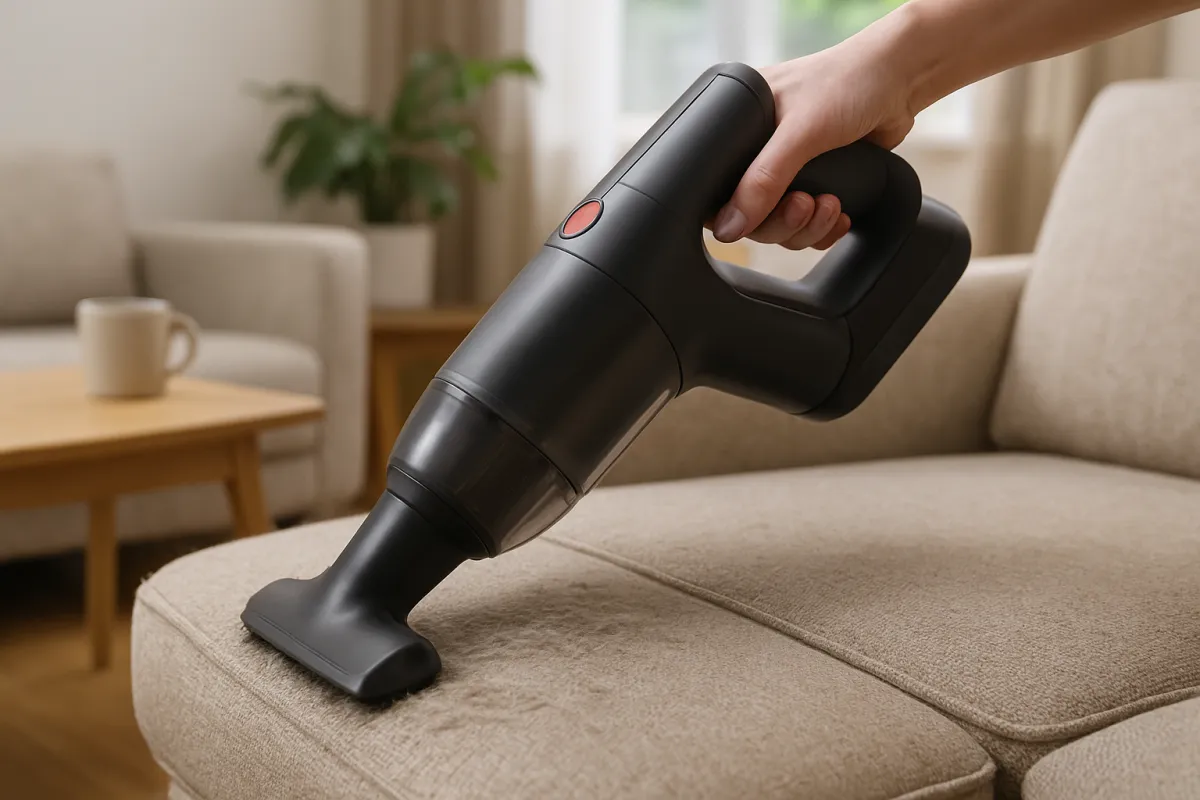 Vacuuming pet hair from sofa seams and cushions