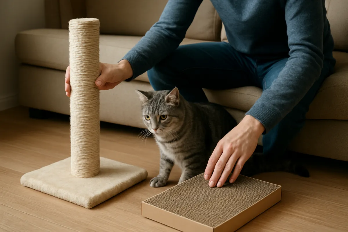 Cat scratching alternatives placed beside furniture