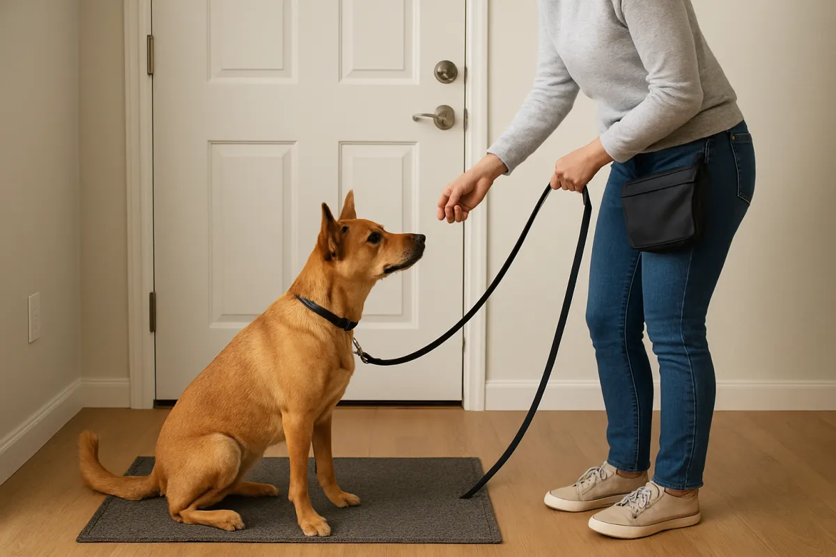 Dog calmly resting on a mat near the front door during reward-based training