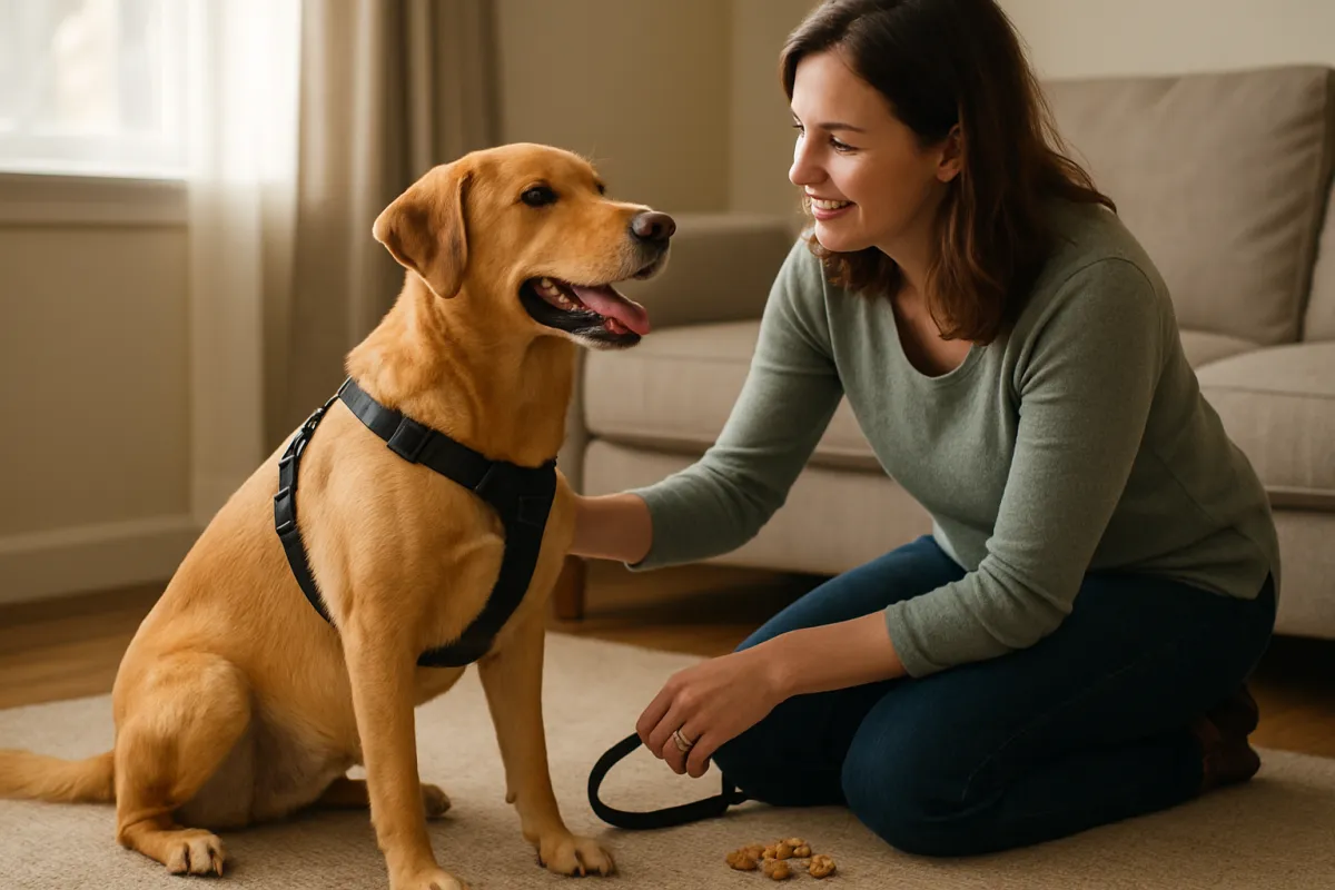 Owner rewarding a dog after it returns during recall training