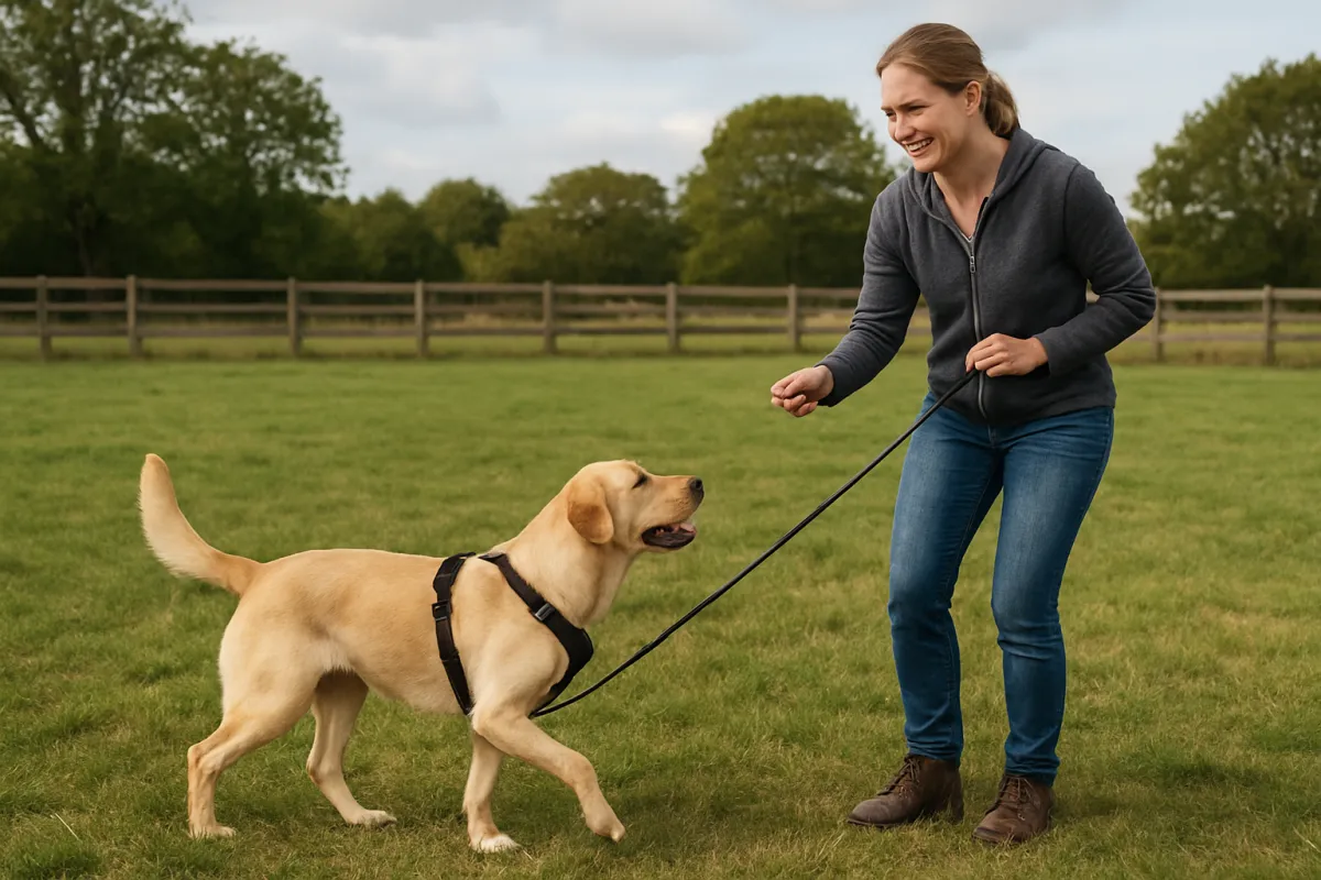 Dog practicing recall on a long line outdoors