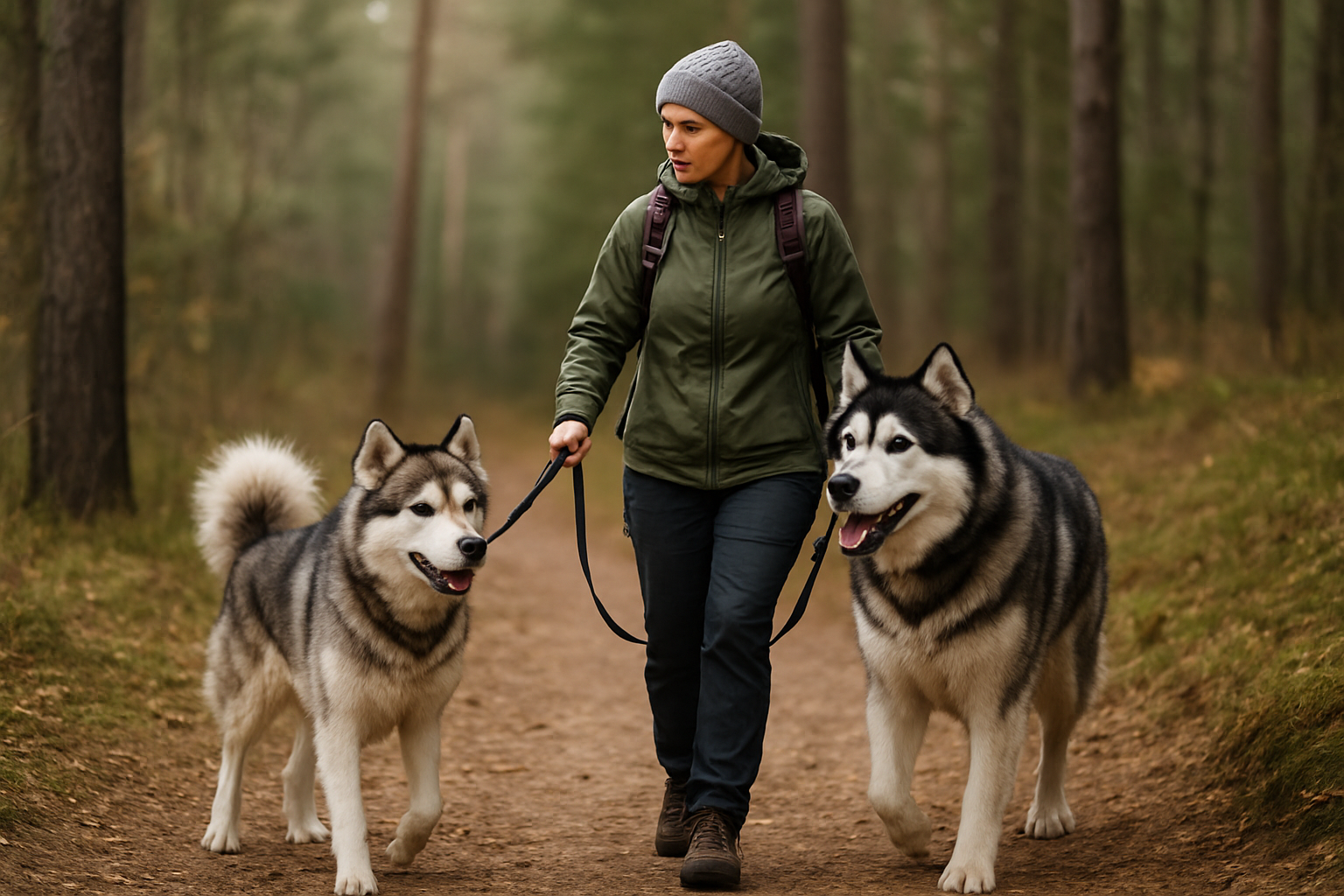 A Siberian Husky and Alaskan Malamute walking with an owner on a forest trail