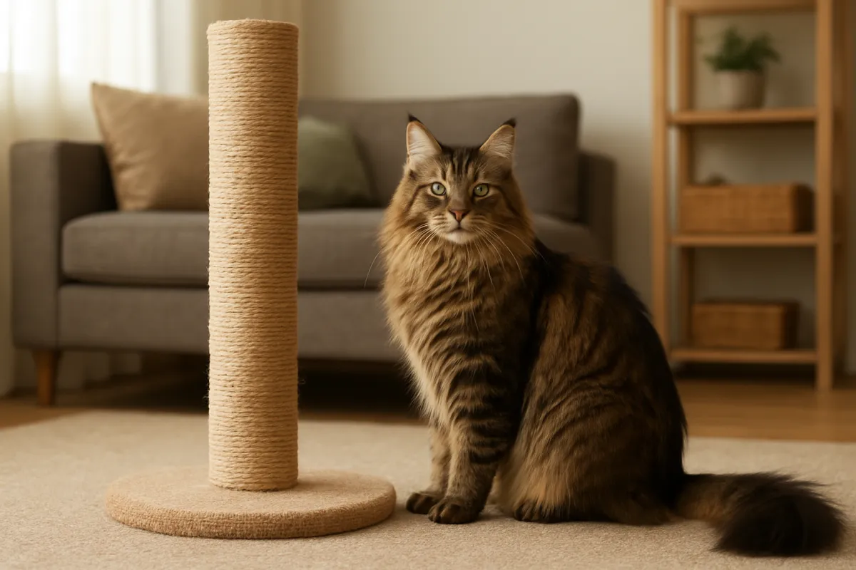 Maine Coon cat beside a sturdy scratching post