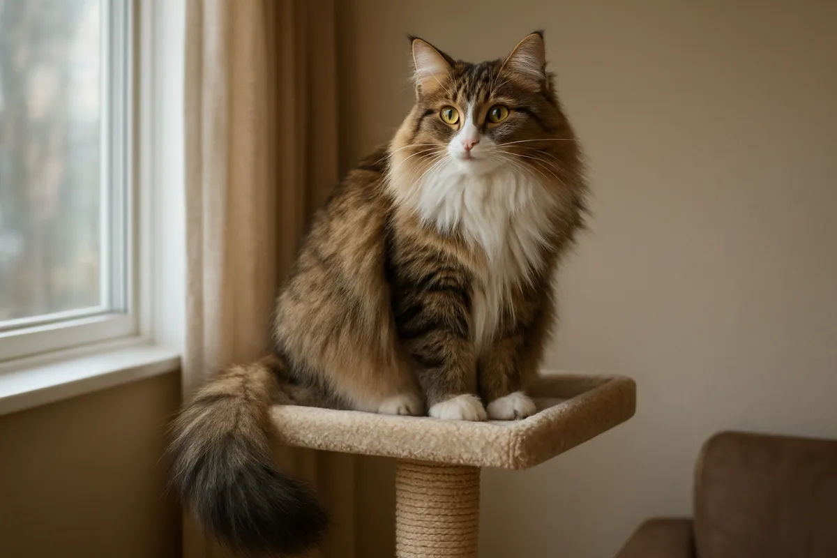 Norwegian Forest Cat resting on a high cat tree