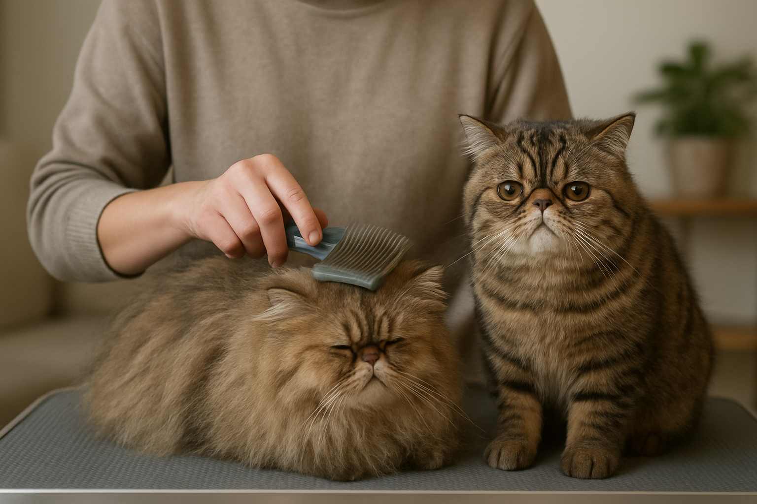 A Persian cat and an Exotic Shorthair receiving different grooming routines