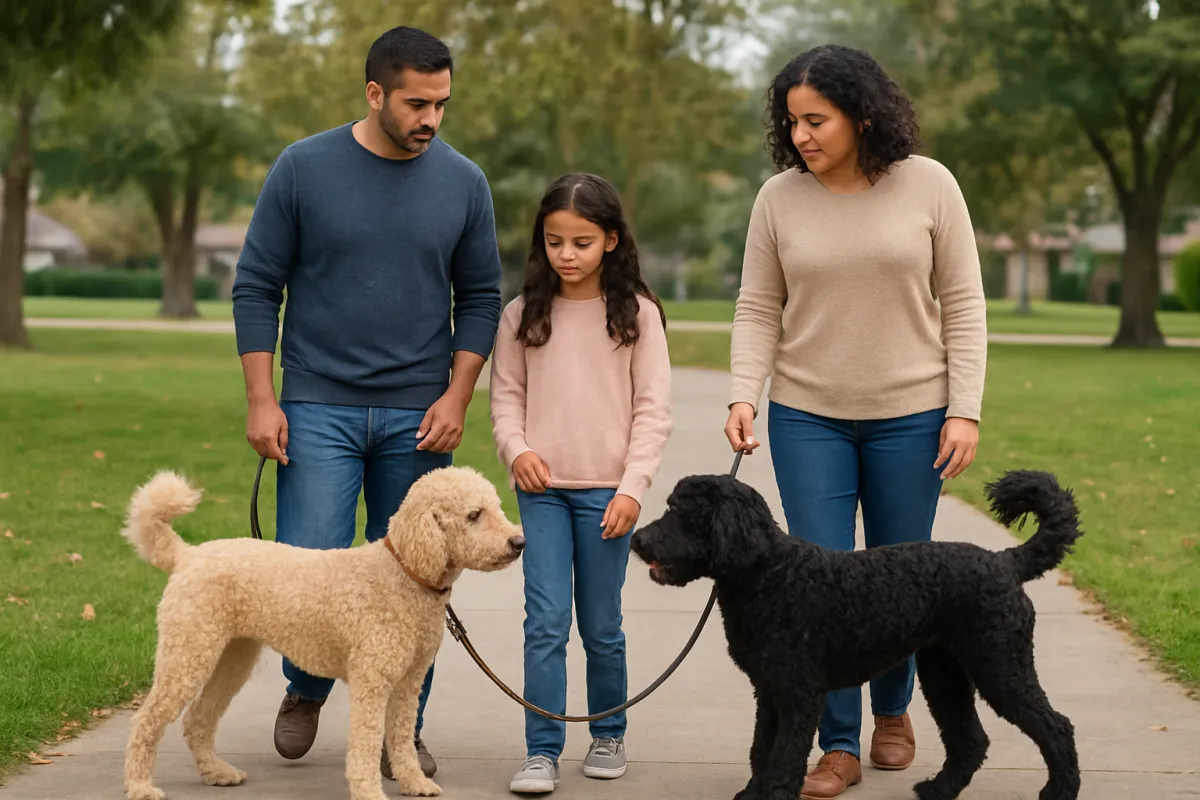 Family walking a Poodle and Portuguese Water Dog together