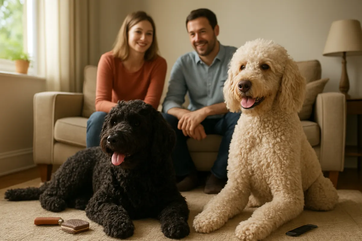 Poodle and Portuguese Water Dog resting with their family