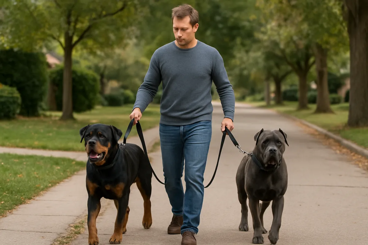 An experienced handler practicing calm leash control with a Rottweiler and Cane Corso