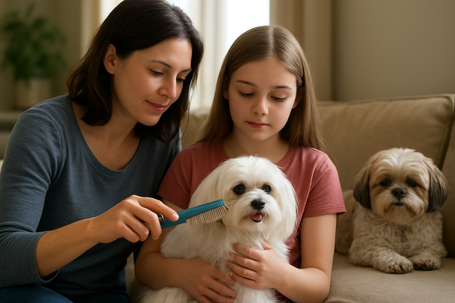 A parent teaches a child to gently groom a Maltese while a Shih Tzu rests nearby