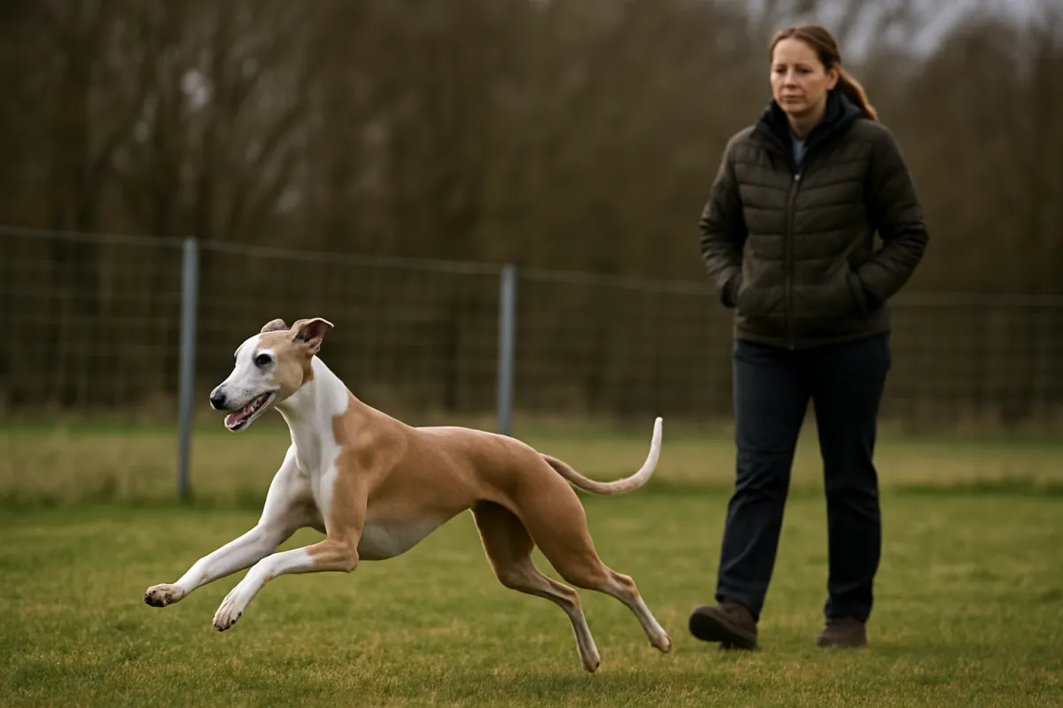 Whippet exercising in a secure fenced field