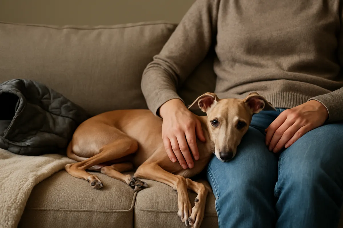 Italian Greyhound relaxing indoors with its owner