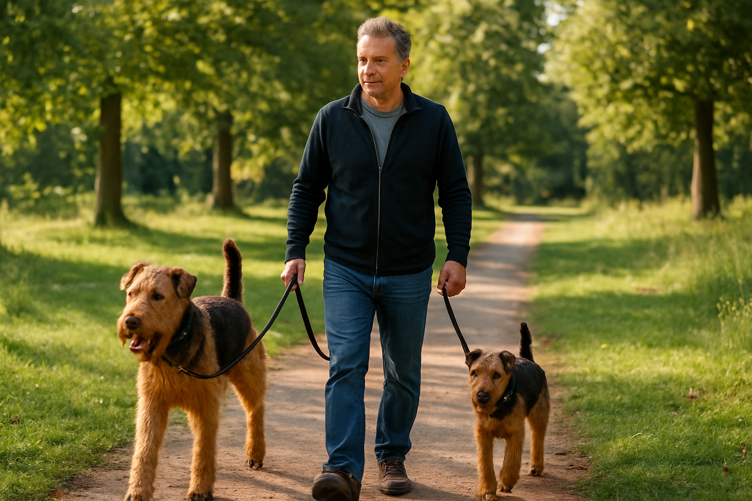 An active owner walking an Airedale Terrier and Welsh Terrier together in a park