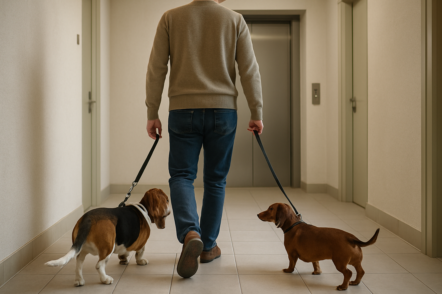 Basset Hound and Dachshund being walked through an apartment hallway