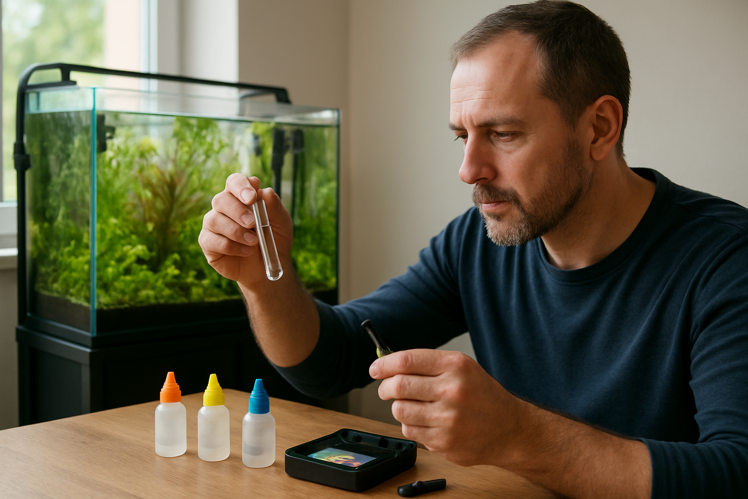 Aquarist testing water in a beginner freshwater aquarium