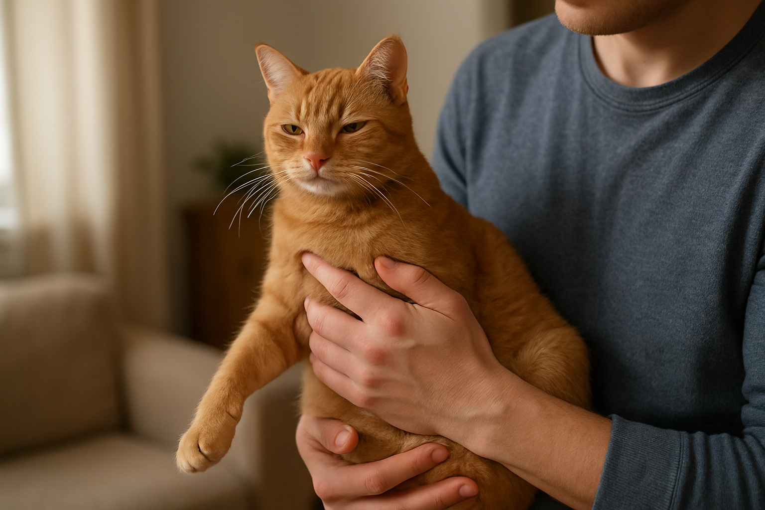 A person gently supporting a cat while checking whether it is comfortable being held