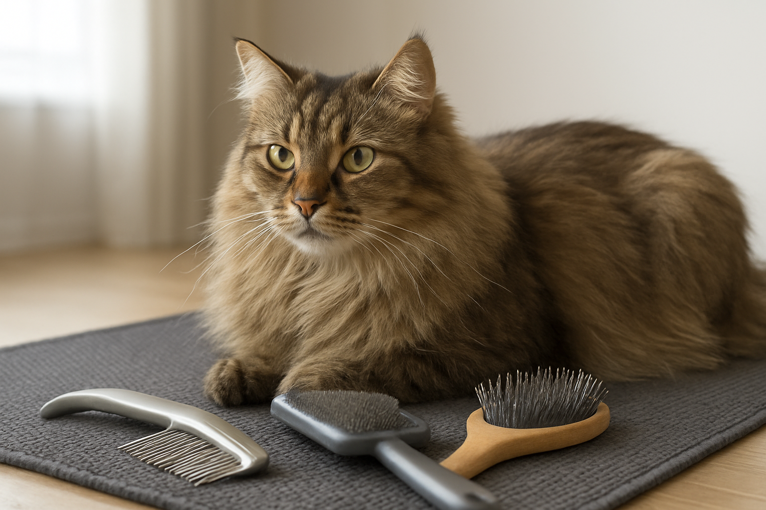 A long-haired cat resting beside common grooming brushes and a metal comb