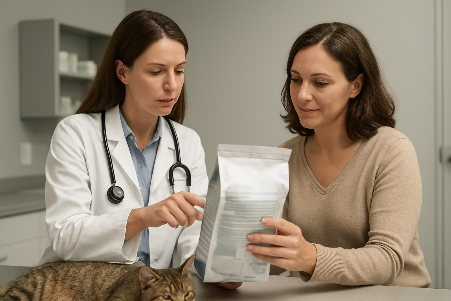 Veterinarian and cat owner reviewing food choices for a cat with a sensitive stomach