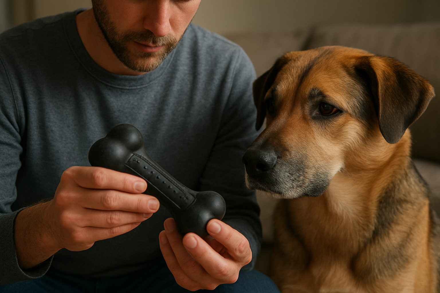 Dog owner checking a durable chew toy for damage before giving it to a strong chewer