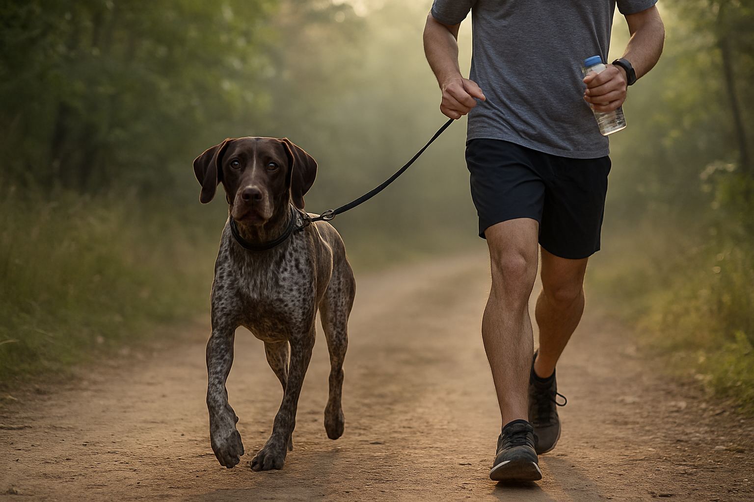 German Shorthaired Pointer running beside a jogger on a shaded trail