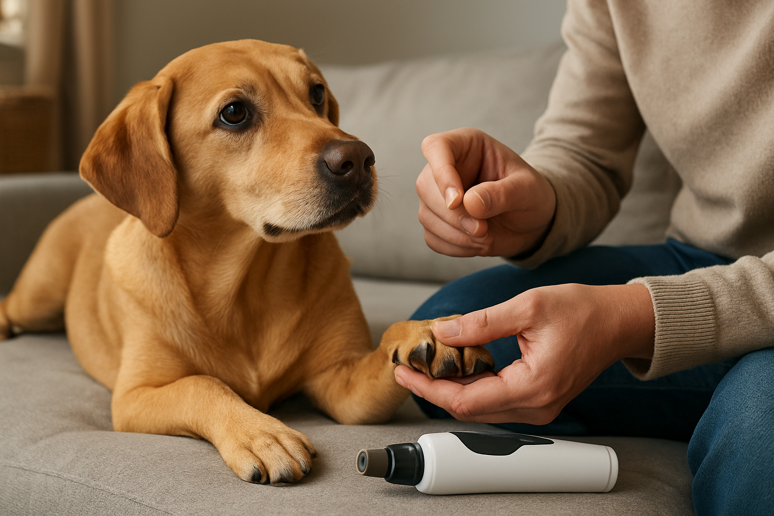 Owner calmly introducing a dog to a nail grinder with reward-based training
