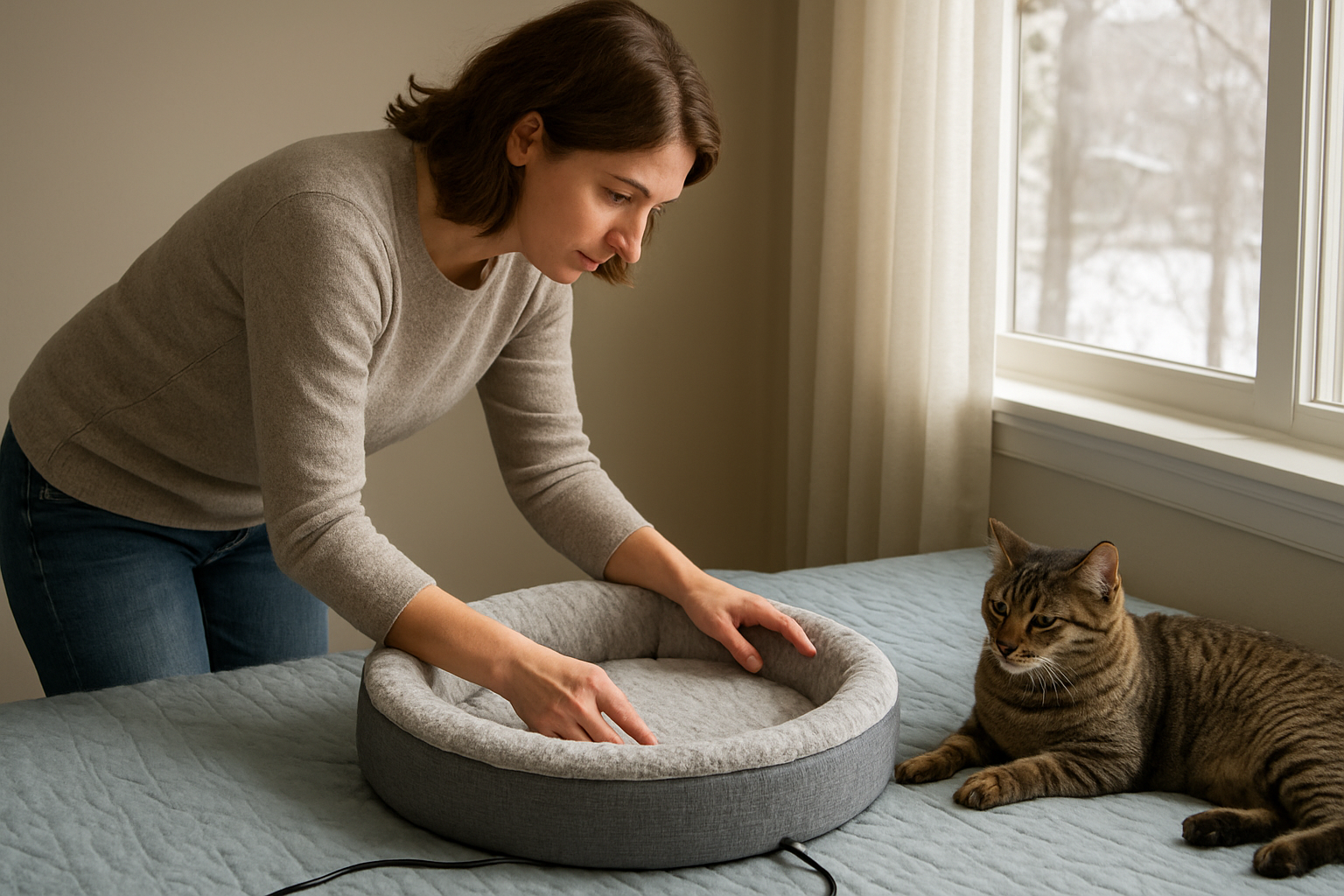A cat resting beside a safely placed heated cat bed